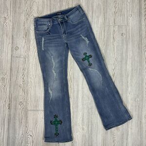 Flamingo Jeans Womens Small Distressed Bootcut Cross Patch Rhinestone Y2K